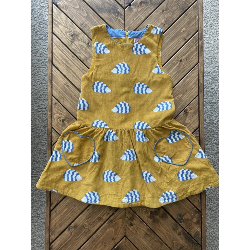 HTF Mini Boden Hedgehog Dress Corduroy Mustard Heart Pockets 7-8
